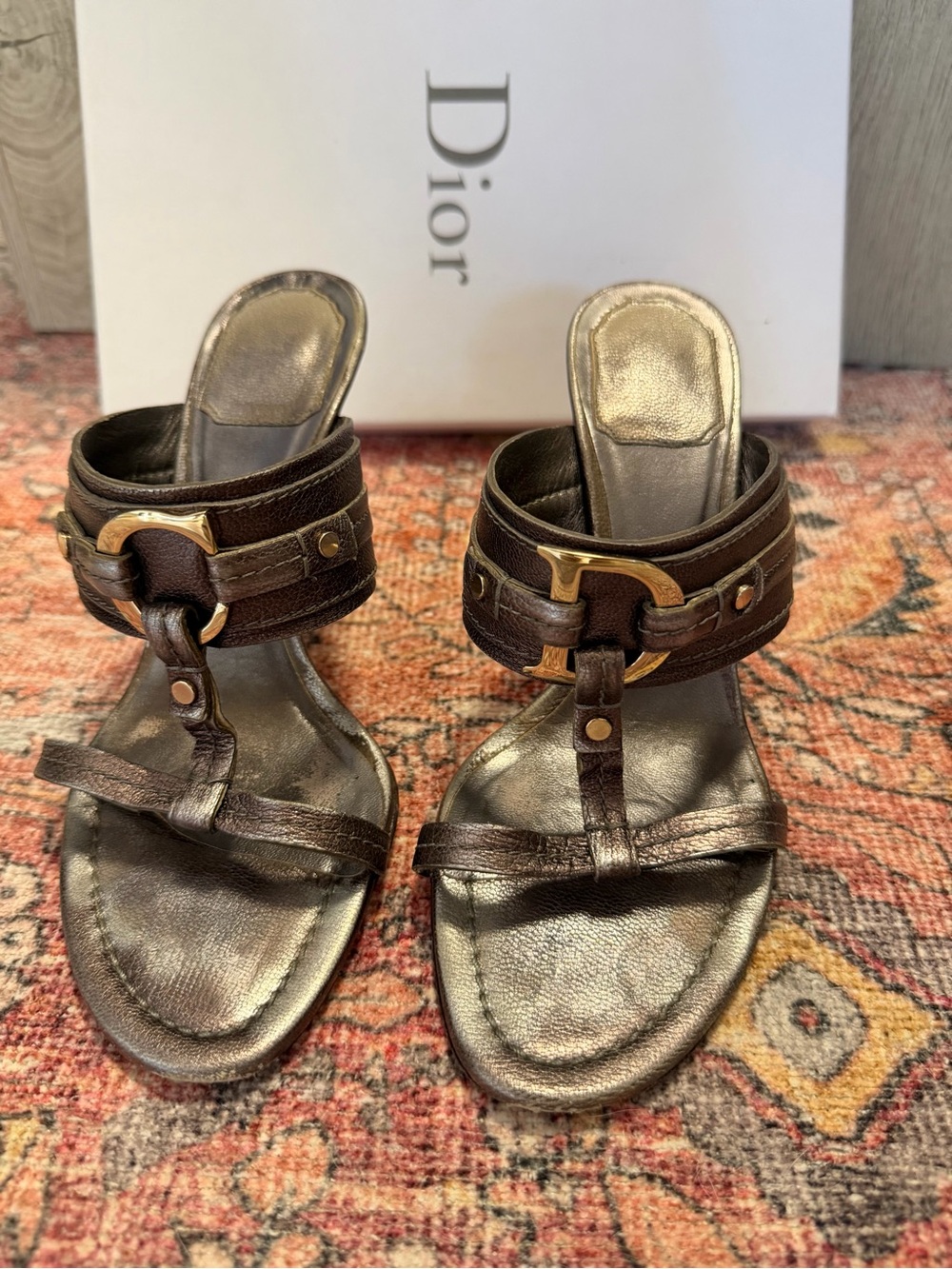 Vintage Christian Dior T-strap Mules Silver Tone CD Logo